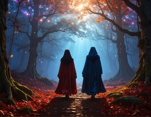 Cloaked figures walk through an ethereal forest, light filtering through trees, autumn leaves cover the ground