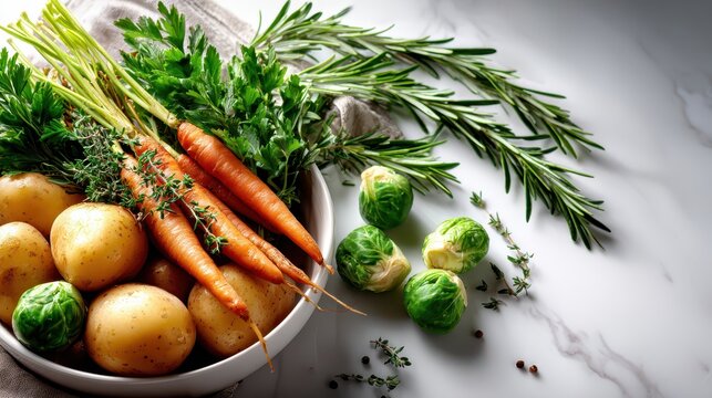 Fresh organic vegetables and herbs preparing for healthy cooking