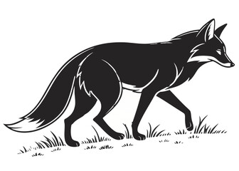 Stylized black and white illustration of a coyote walking through grass