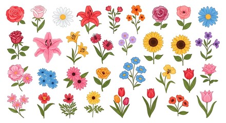 Obraz premium Colorful cartoon flower collection with diverse blossoms and petals.