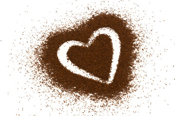 Heart shape made of scattered ground coffee powder background