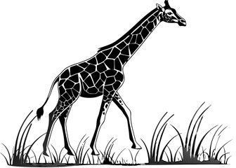 Stylized black and white illustration of a giraffe in tall grass