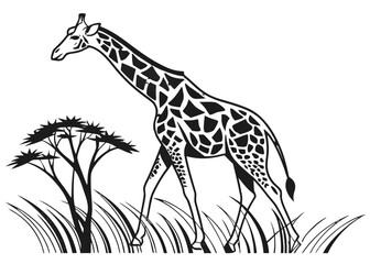 Stylized black and white giraffe walking through tall grass and acacia tree