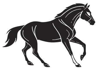 Stylized black horse with white accents on a black background