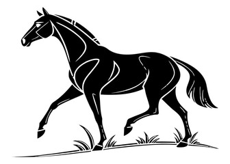 Simple black and white line drawing of a horse in motion