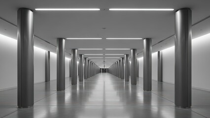 Fototapeta premium Modern minimalist corridor with symmetrical design and metallic columns