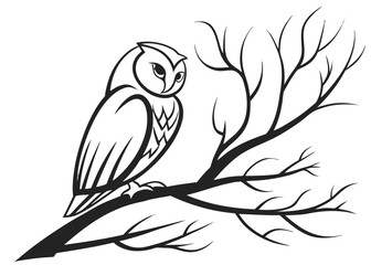 Stylized line art owl perched on a bare tree branch at night