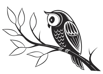 Stylized owl perched on a branch with leaves against a black background