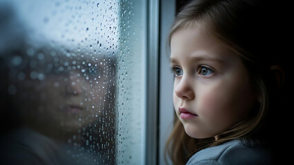 Pensive little girl gazing out rainy window with hopeful eyes, day dreaming indoors
