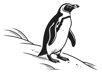 Stylized black and white illustration of a penguin standing on a branch
