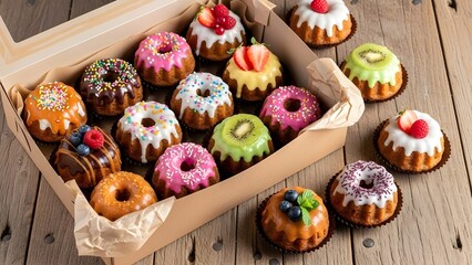 A delightful assortment of colorful, frosted mini bundt cakes are presented in a cardboard box and on a rustic wooden table. Varieties include pink, white, yellow, green, and chocolate glazes.