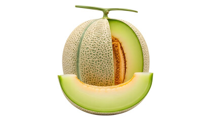 Sliced cantaloupe melon with stem isolated on transparent background