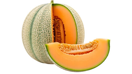 Cantaloupe melon slice and whole isolated on transparent background