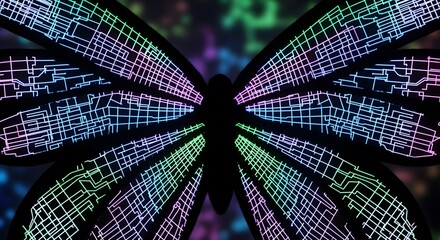Vibrant digital butterfly with illuminated, geometric wings, symbolizing transformation and technology.