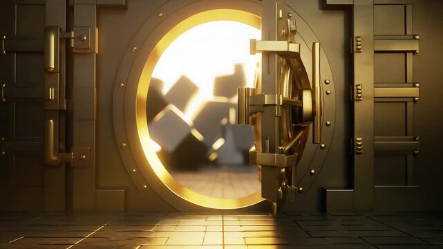 Illuminated vault door with a warm glow animation, A large, metallic vault door partially open, revealing a warm glow from inside