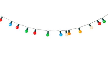 A string of vivid red, green, blue, yellow, orange, white globe-shaped festive light bulbs, illuminated and elegantly draped against a transparent background with copy space, evoking a cheerful