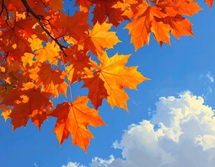 Autumnal Maple Leaves Against a Bright Blue Sky with Fluffy White Clouds