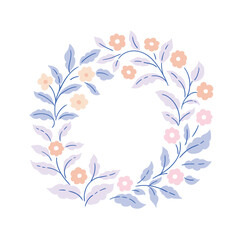 Beautiful wreath with flowers isolated on white background. Preppy floral decor element with place for text. Vector illustration for wedding card, invitation and other design projects.