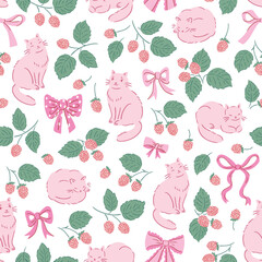 vector coquette seamless pattern in delicate pastel color palette. Stylish illustrated berry, bows and cats on white background. Preppy animal repeat pattern design for baby textile or wallpaper.