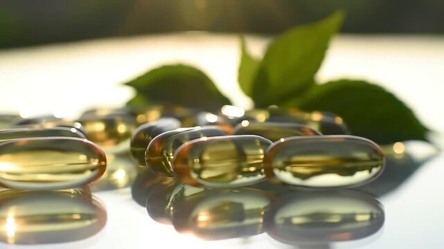 Golden gel capsules and fresh green leaves illuminated by warm sunlight, symbolizing natural health, wellness, and essential nutritional support for a balanced lifestyle