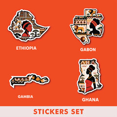 A bright and expressive sticker set featuring Ethiopia, Gabon, Gambia and Ghana — full of cultural depth, patterns and iconic African symbolism.