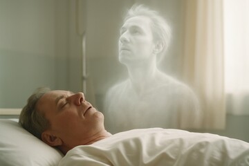 The soul leaving the body of a man lying on a bed, depicted as a glowing spirit ascending from his chest.