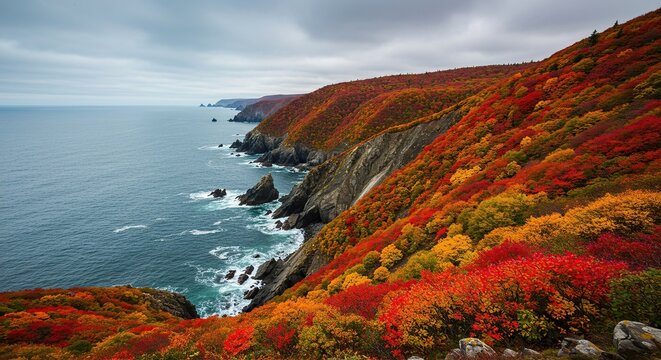 Vibrant autumn foliage covers the steep cliffs of a rugged cape where the land meets the vast ocean under a cool seasonal sky ,travel ,vast ,outdoors