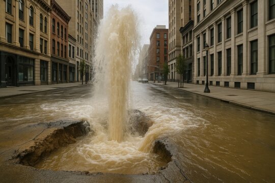 Massive dirty water main break eruption exploding from cracked city street asphalt amidst towering urban buildings.