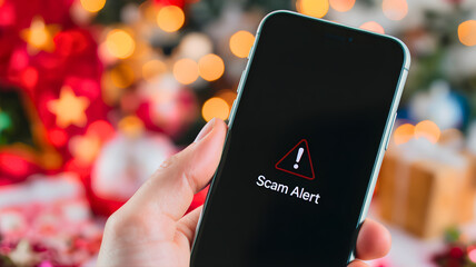 A smartphone displays a "Scam Alert" warning against a blurred festive background, highlighting the importance of digital safety during the holiday season.