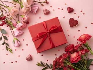 Romantic red gift box surrounded by roses and heart confetti