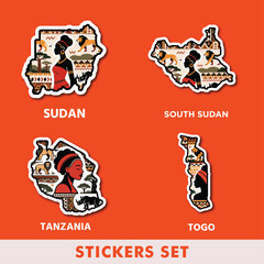 A rich cultural sticker set showcasing Sudan, South Sudan, Tanzania and Togo — blending heritage, tradition and iconic landmarks into bold Afrocentric artwork.