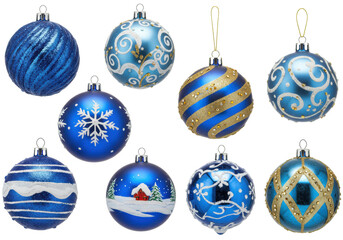 Obraz premium Ten distinct blue christmas ornaments, gold, white, glitter designs, round, reflective, isolated on a transparent background with copy space, festive holiday elegance concept