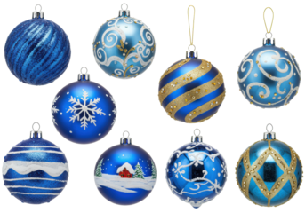 Ten distinct blue christmas ornaments, gold, white, glitter designs, round, reflective, isolated on a transparent background with copy space, festive holiday elegance concept