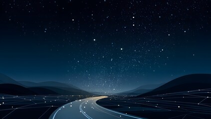 Expansive open road stretching towards a distant illuminated cityscape under a vast star filled night sky with glowing digital constellations