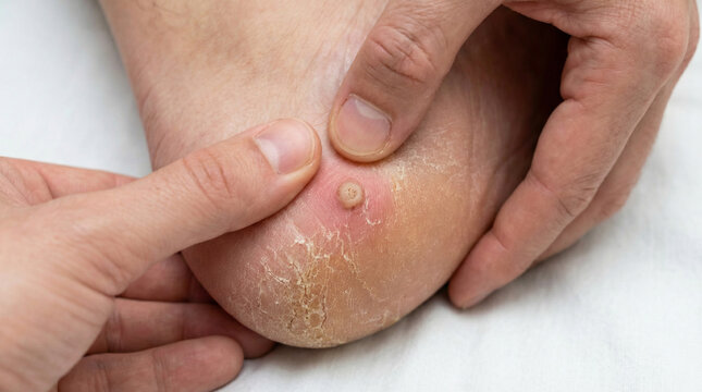 Close-up of a plantar wart on a person's heel, surrounded by dry, cracked skin. Hands gently touch the foot, highlighting this dermatological condition.