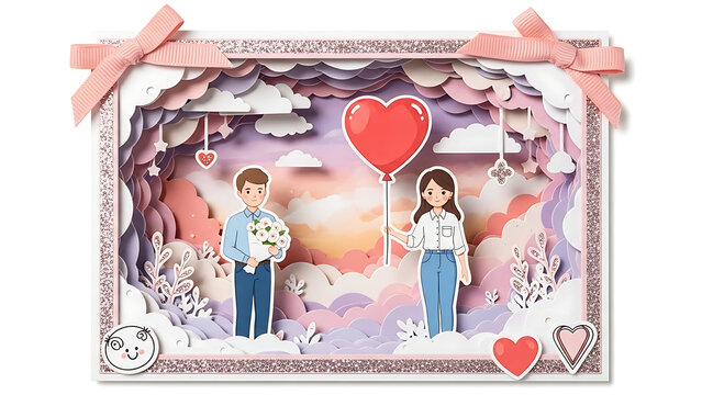 Romantic couple celebrating love with flowers and heart balloon in dreamy setting