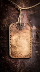 Worn leather tag hangs against a mottled dark brown surface with a rough rope. Detailed stitching surrounds the tag