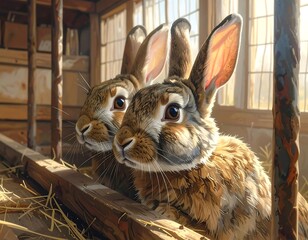 Enchanting pair of rabbits in rustic setting, basking in the warm glow of sunlight