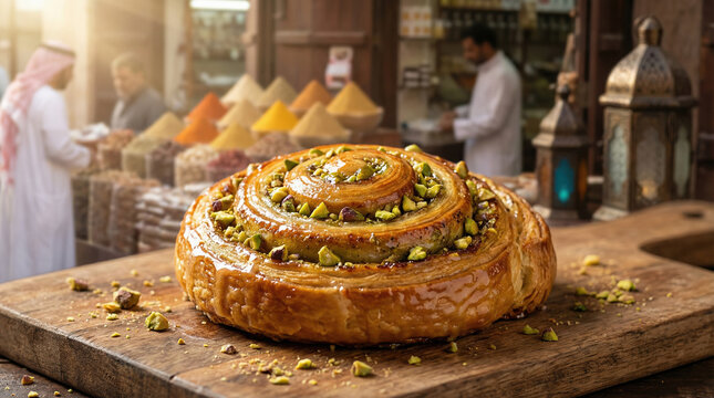 Rollo de canela con pistachos en mercado tradicional del Medio Oriente