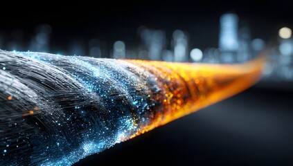 Abstract swirling vortex of vibrant blue and fiery orange light trails against a blurred cityscape backdrop symbolizing data flow and technological advancement