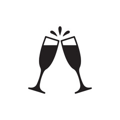 Minimalist black silhouette icon depicting two elegant champagne flutes clinking together in a joyous toast, symbolizing celebration, success, and happy events