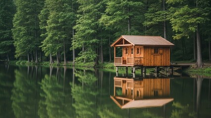 Tranquil lakeside cabin in serene forest setting