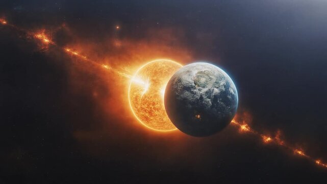 solar collision, sun impact, cosmic explosion, solar flare, burning earth, bright corona light, dramatic space disaster, celestial collision, cosmic heat, intense light burst
