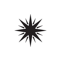A dynamic black starburst icon with multiple sharp points, representing a flash, sparkle, or explosion. A minimalist geometric symbol isolated on a white background