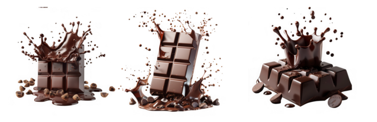 Three chocolate bars breaking apart and splashing in liquid chocolate isolated on transparent background