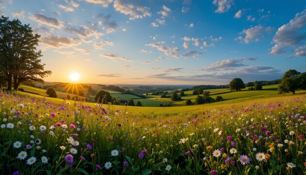 Stunning summer pastoral landscape with tall flowering grass on green meadow under sunrise or sunset sky
