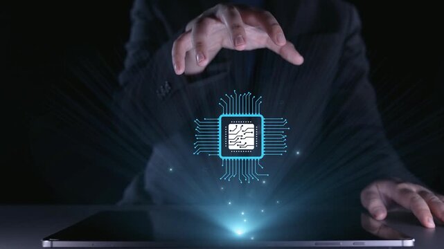 A captivating image showcasing a hand reaching out to interact with a glowing microchip and digital circuit, symbolizing innovation and technology in a modern workspace. Qubit