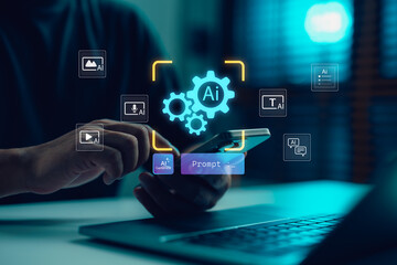 User interacting with generative AI interface on smartphone, displaying prompt input and AI icons for image, text, voice, and video generation. Concept of artificial intelligence and automation.