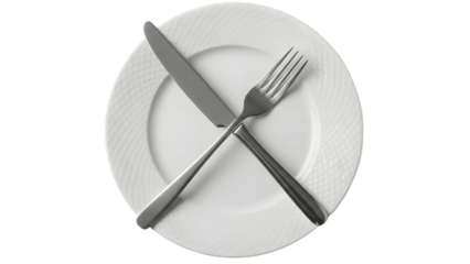 Plate with knife and fork crossed isolated on transparent background