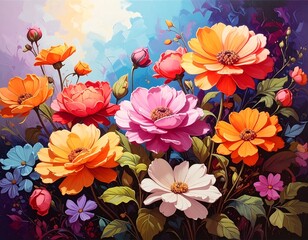 Vivid floral scene with blooming flowers in hues of orange, pink, yellow, blue and white against a painterly background
